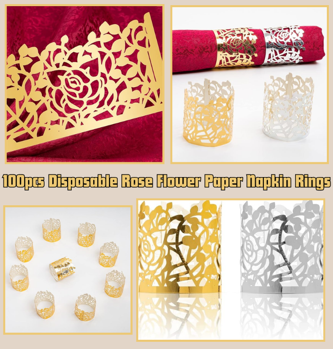 100pcs Disposable Rose Flower Paper Napkin Rings Laser Cut Foil Paper Napkin Holder, Leaf Vine Serviette Rings for Table Decoration,Christmas,Wedding,Party (Gold)