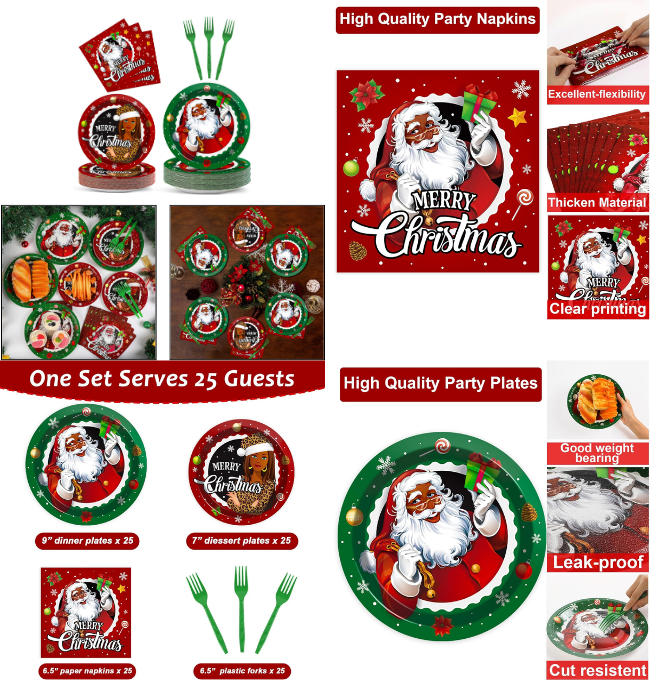 100pcs Merry Christmas Black Santa Claus Party Plates and Napkins Tableware Set African American Merry Christmas Birthday Party Dinnerware Supplies Favors Decorations for Boys Girls Kids Serve 25