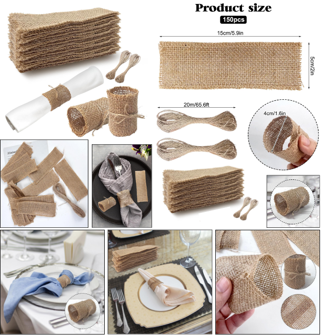 150pcs Burlap Napkin Rings with Hemp Rope, Rustic Jute Napkin Ties, Nature Napkin Holders for Serviette Farmhouse Wedding Party Home Dinner Table Decoration