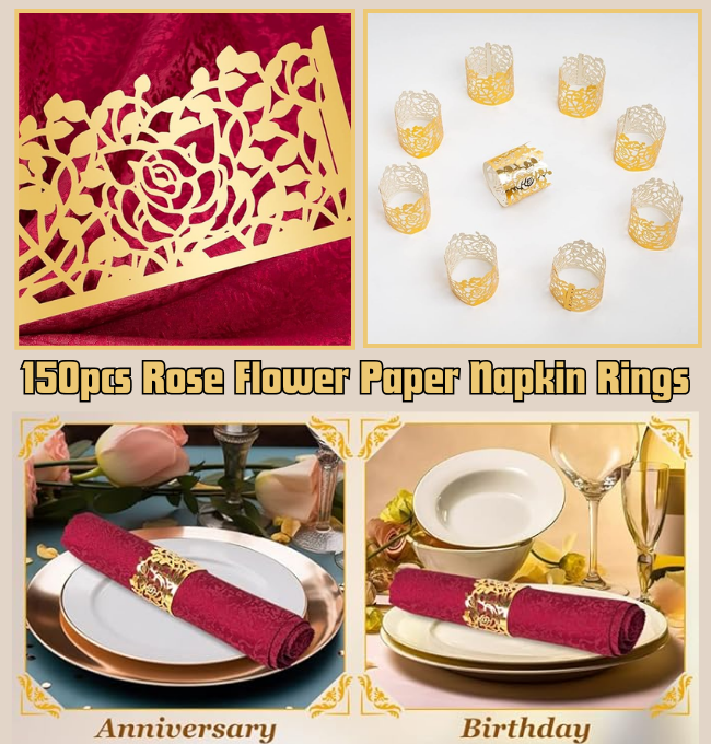 150PCS Rose Flower Paper Napkin Rings, Simple Napkin Holders Dinner Tables Rings Elegant Ornament Table Setting Decoration for Wedding, Christmas, Thanksgiving, Holiday, Party (Gold)