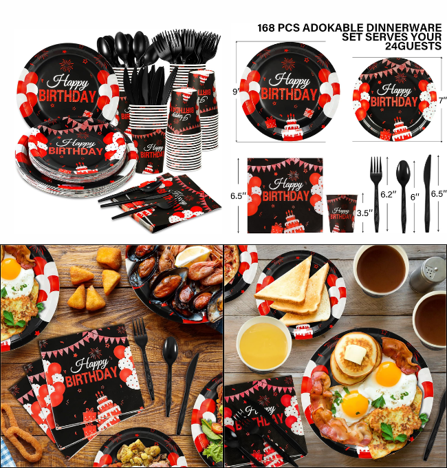 168 Pcs Black and Red Birthday Party Supplies Tableware Set Happy Birthday Plates, Knife,Forks,Spoons, Cups and Napkins Table Decorations for Women Girls Birthday Party Decorations, 24 Guests