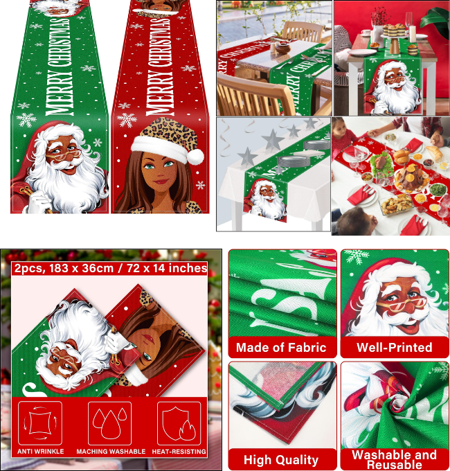 2pcs Black Santa Claus Merry Christmas Table Runner Decorations African American Christmas Xmas Holiday Kitchen Dining Table Party Supplies