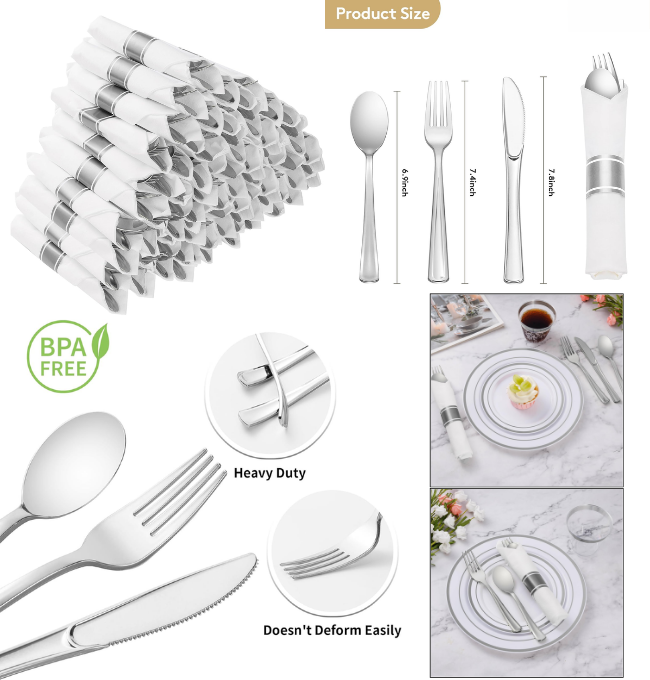 I00000 30 Pack Pre Rolled Napkins with Silver Plastic Cutlery Set, Premium Disposable Silverware, Includes: 30 Forks, 30 Knives, 30 Spoons, 30 Napkins