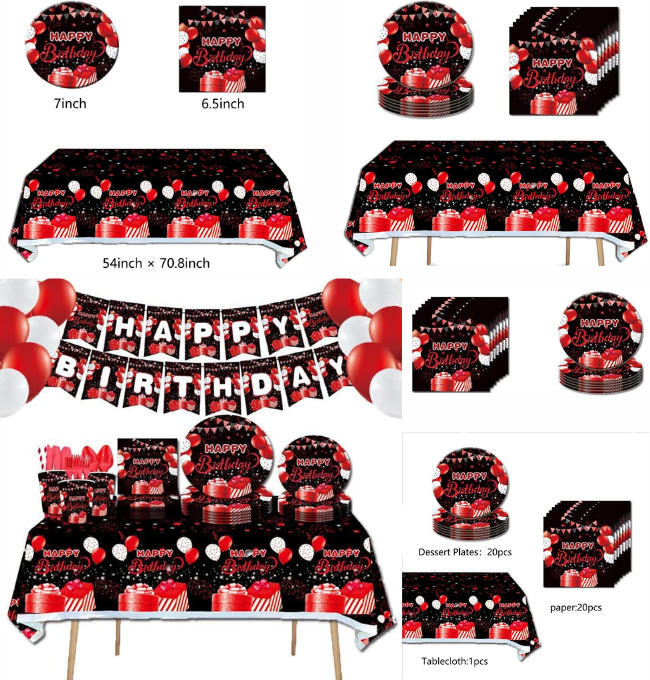 41pcs Black and red Party Supplies,Include 20 Plates, 20 Napkin and 1pcs Tablecloth,Used for Black and red Birthday Party Decoration (AAA)