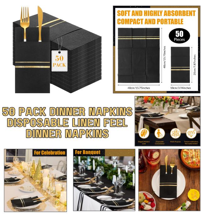 50 Pack Dinner Napkins Disposable Linen Feel Dinner Napkins with Built-in Flatware Pocket Gold Trim Lined Pre Folded Napkins Cloth Like Paper Napkins for Wedding Dinner Party (Black,Gold)