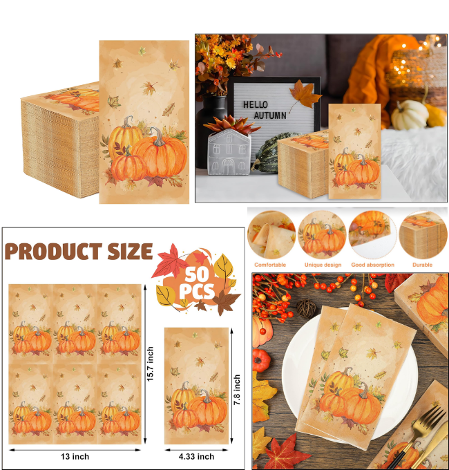 50 PCS Fall Pumpkin Guest Napkins Thanksgiving Disposable Hand Towels Farmhouse Pumpkin Paper Napkin Watercolor Maple Leaf Decorative Dinner Napkins for Autumn Thanksgiving Harvest Party Supplies