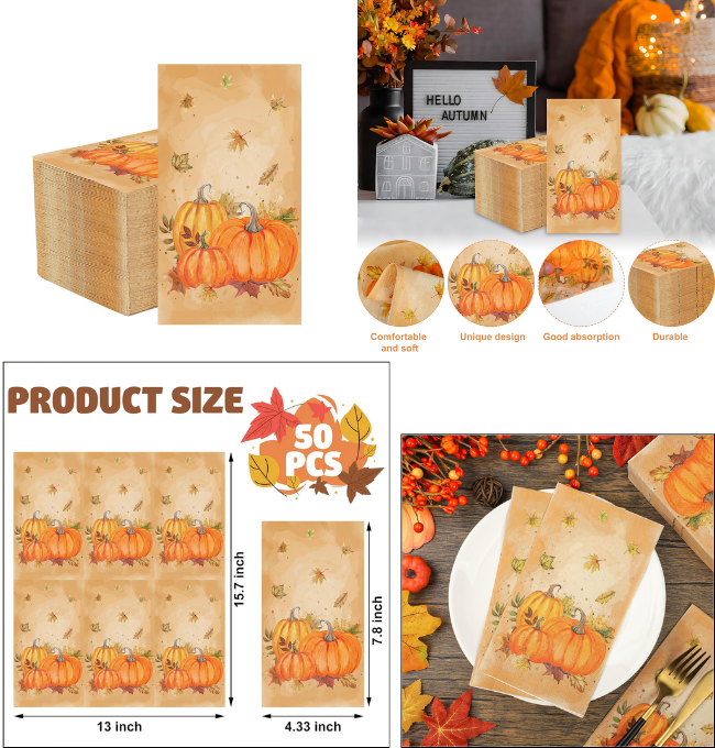 50 PCS Fall Pumpkin Guest Napkins Thanksgiving Disposable Hand Towels Farmhouse Pumpkin Paper Napkin Watercolor Maple Leaf Decorative Dinner Napkins for Autumn Thanksgiving Harvest Party Supplies