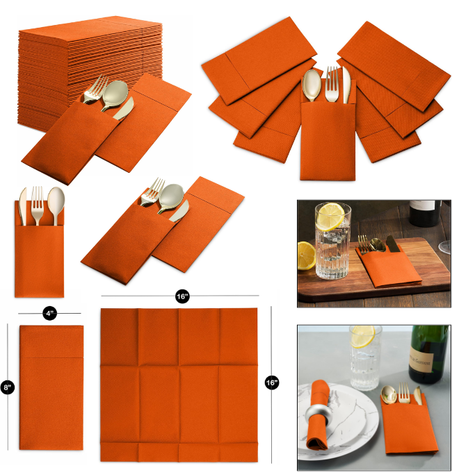 50-Pack Disposable Linen-Feel Dinner Napkins with Built-in Flatware Pocket, ORANGE Prefolded Cloth Like Paper Napkins For Dinner, Wedding Or Party [Silverware NOT Included]