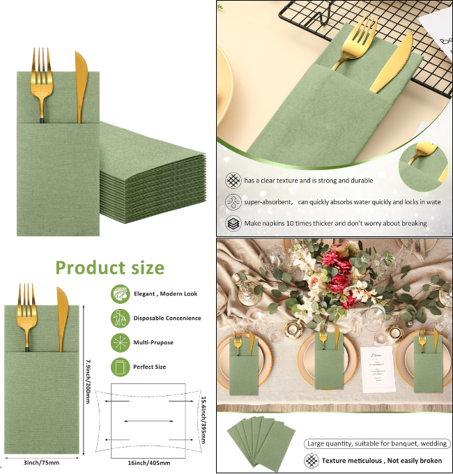 75 Pieces Paper Linen Napkins, Disposable Airlaid Paper Napkins Prefolded Dinner Napkins with Built in Flatware Pocket for Silverware Valentine Wedding Party Christmas Day (Sage Green)