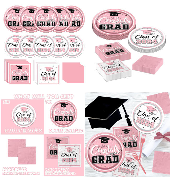 80Pcs Graduation Party Plates and Napkins Pink Class of 2024 Grad Congrats Party Supplies Disposable Dessert Paper Plates Cocktail Napkins for Graduation Party Decorations,Serve 20