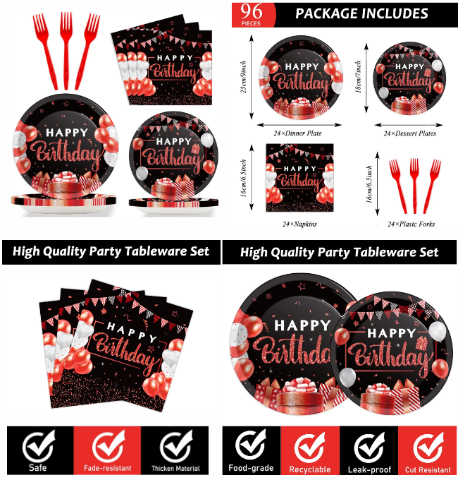 96 Pieces Red and Black Tableware Set Confetti Sprinkles Happy Birthday Party Decorations Table Decors for Men Women Plates Napkins Forks for 24 Guests