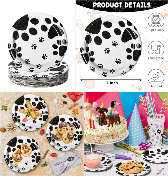 AFZMON Paw Print Party Plates Patrol Birthday Decorations Dessert Paper Plates, 50pcs 7inch Disposable Round Plate for Kids’ Pet Dog Cat Puppy Party Tableware supplies