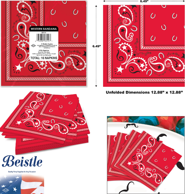 Beistle 16 guardanapos descartáveis de papel bandana de 2 camadas para artigos de festa de aniversário com tema ocidental, 16,5 cm, vermelho, branco, preto