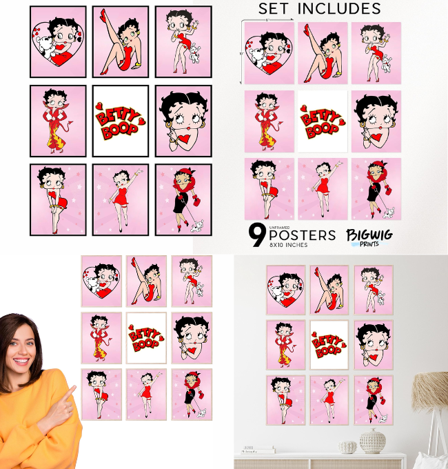 BigWig Prints Betty Boop Poster - Betty Boop Gifts, Betty Boop Room Decor, Betty Boop Birthday Decorations, Betty Boop Party Decorations, Betty Boop Decor, Betty Boop Art - Unframed Set of 9 (8x10)