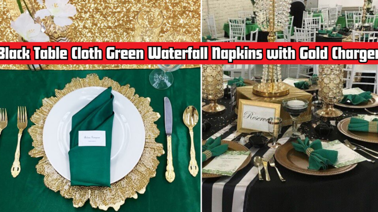 Black Table Cloth Green Waterfall Napkins with Gold Charger: Elegant Dining Setup