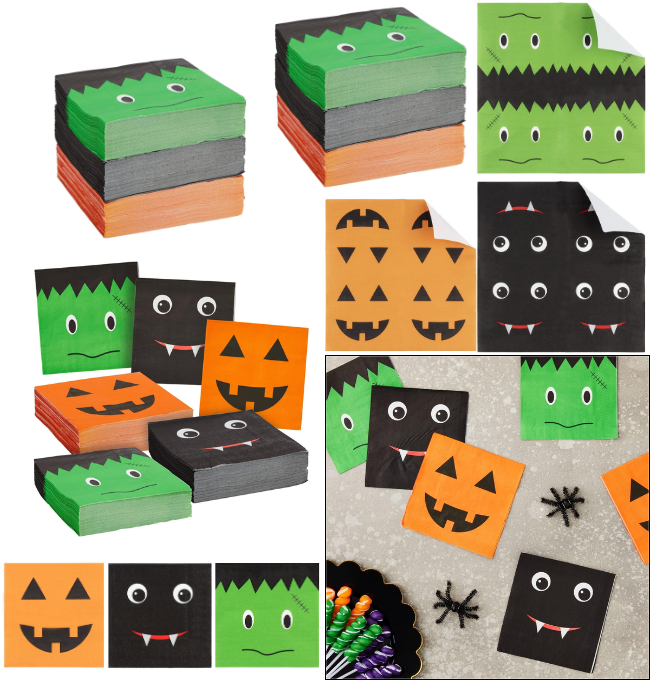 BLUE PANDA - 150 Pack Halloween Paper Napkins, Jack-O-Lantern, Vampire Bat, and Frankenstein Party Supplies (5 x 5 In)