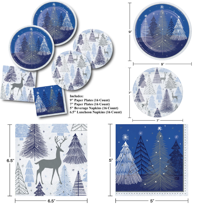 Blue & Silver Holiday Trees Christmas Party Paper Plates and Napkins (64 Piece)