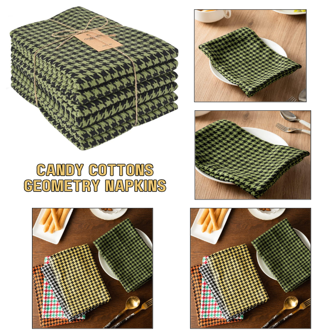 Candy Cottons Geometry Napkins Green and Black Kitchen Dinner Napkins18x18 in|Cotton Washable Napkins Pk of 6 Houndstooth Weave St.Patricks Easter Basket Decor|Hotel Party Cocktail Table Napkins