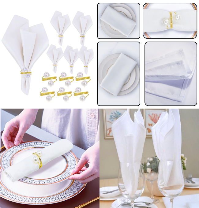 Cloth Napkins and Napkin Rings Set of 12, 6 Fabric Table Napkins and 6 Napkin Holders for Wedding Birthday Baby Shower Table Decor, White 17 * 17inch