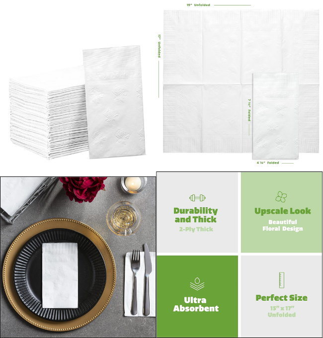 Comfy Package [300 Count - 7 ½” x 4 ¼” Folded] Paper Dinner Napkins - Disposable 2-Ply White Party Napkins (15” x 17” Unfolded)