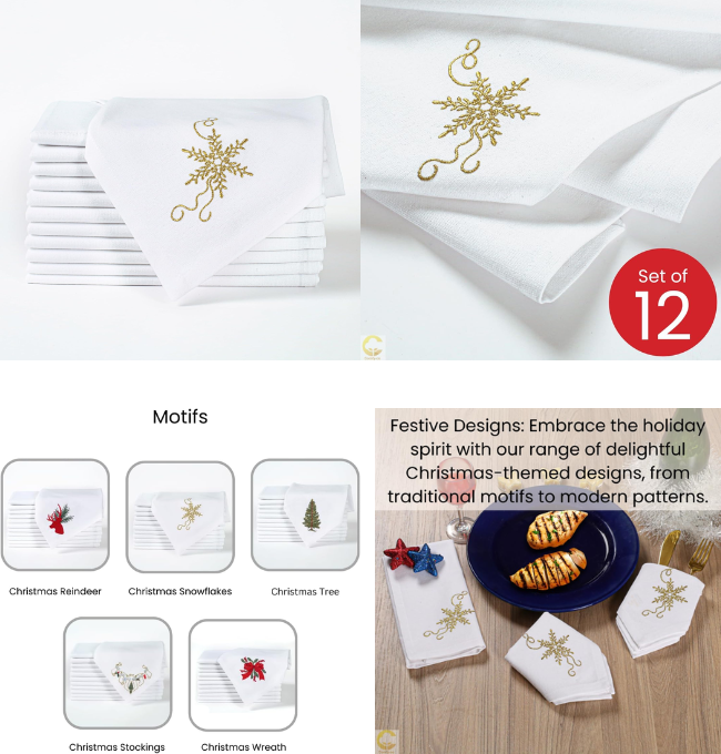 Comfy-co Christmas Napkins Set of 12 - Xmas Cloth Dinner Napkins 100% Cotton - Soft Durable Washable - Perfect Holiday Napkins 18x18 Embroidered - Christmas Reindeer Cloth Dinner Napkins