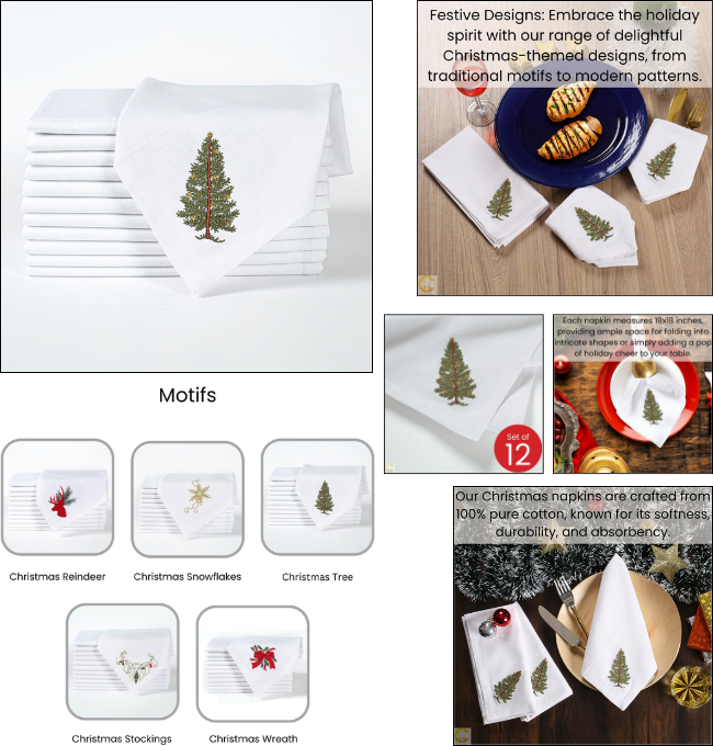 Comfy-co Christmas Napkins Set of 12 - Xmas Cloth Dinner Napkins 100% Cotton - Soft Durable Washable - Perfect Holiday Napkins 18x18 Embroidered - Christmas Tree Cloth Dinner Napkins