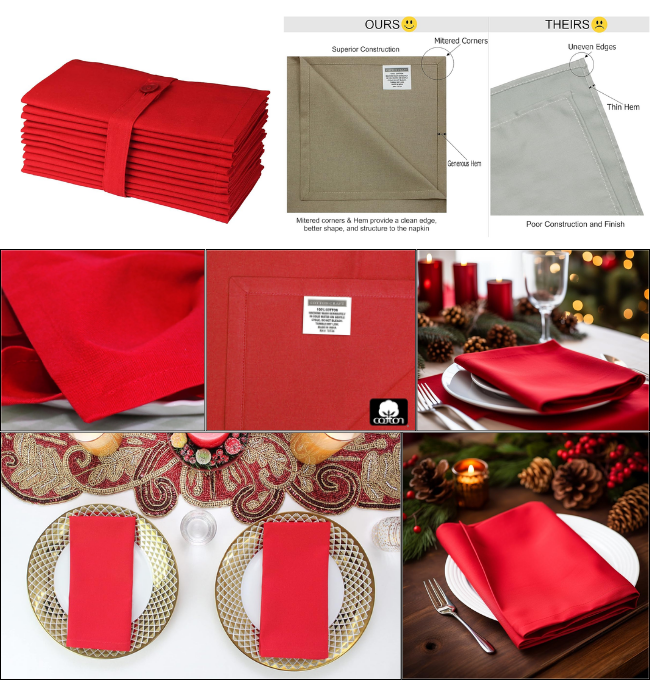 COTTON CRAFT Red Christmas Napkins, 12-Pack - Soft, Washable 100% Cotton Dinner Napkins for Holidays, Parties