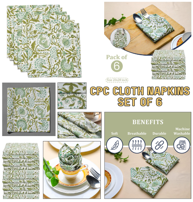 CPC Cloth Napkins Set of 6 Cotton Printed Dinner Block Print Napkins I Wedding Cocktail Cloth Floral Napkins I 18x18 in I Emerald Green