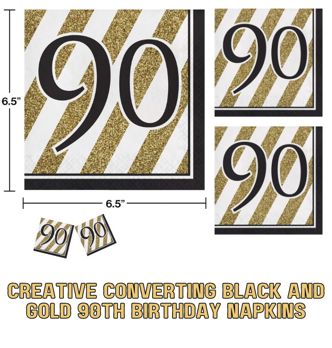 Creative Converting Black and Gold 90th Birthday Napkins, 48 ct