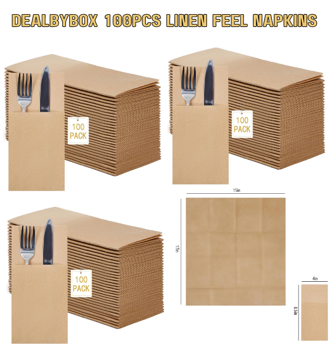 DealbyBox 100pcs Linen Feel Napkins, 1/8 Prefolded, Disposable Airlaid Paper Napkins with Built in Flatware Pocket, Heavy-duty Dinner Napkins for Restaurant,Party,Wedding& Dinner (100Pack, Wood Color)