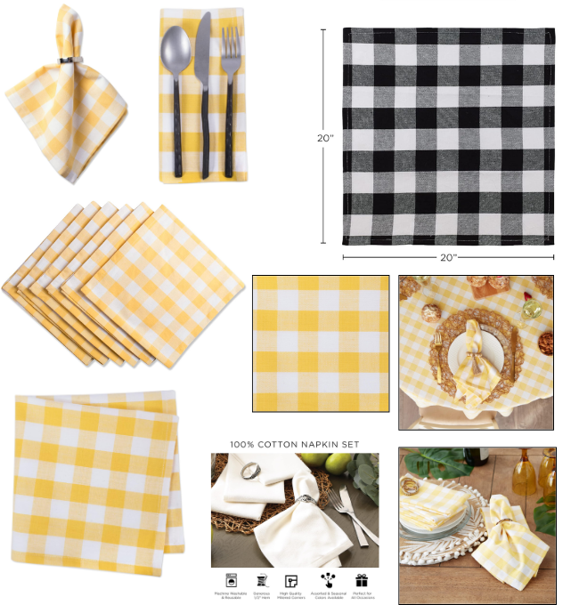 DII Checkered Collection Tabletop, Napkin Set, Yellow 6 Count