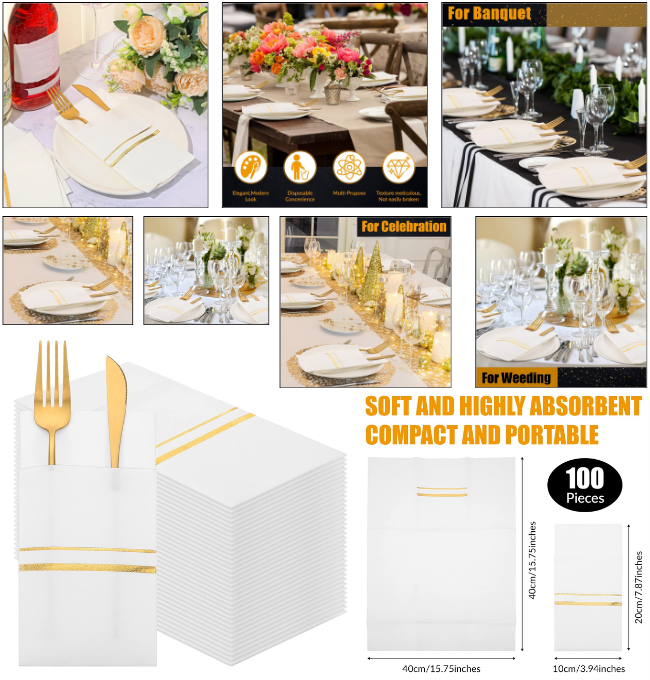 Dinner Napkins Disposable Linen Feel Dinner Napkins with Built-in Flatware Pocket Gold Trim Lined Pre Folded Napkins Cloth Like Paper Napkins for Wedding Dinner Party (100, White, Gold)