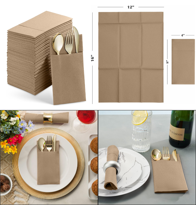 Disposable Linen-Feel Dinner Napkins With Built-in Flatware Pocket, 50-Pack WOOD Prefolded Cloth Like Paper Napkins For Wedding, Dinner Or Party