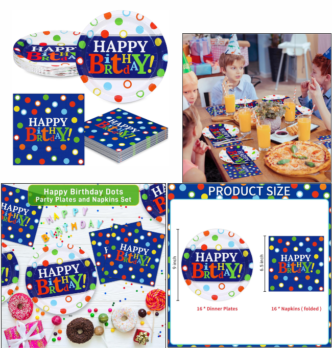 DYLIVeS Colorful Dots Birthday Party Plates and Napkins Set, Blue and Rainbow Polka Dots Birthday Party Decorations Disposable Tableware Set Rainbow Dots Birthday Party Supplies for boys men, Serve 16