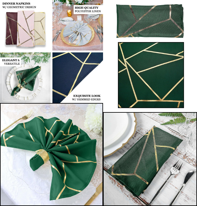 Efavormart 5 Pack | 20"x20" Modern Hunter Emerald Green Polyester Linen Dinner Napkins With Gold Foil Geometric Pattern