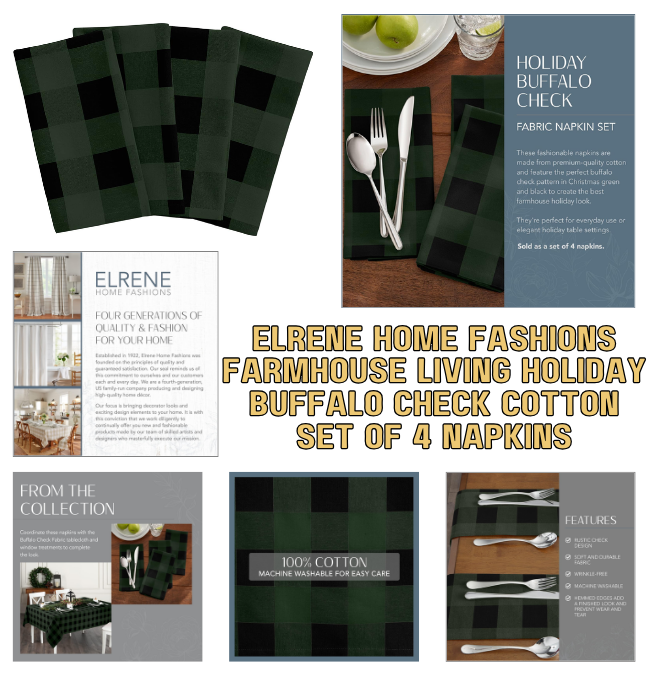 Elrene Home Fashions Farmhouse Living Holiday Buffalo Check Cotton Set of 4 Napkins, 20