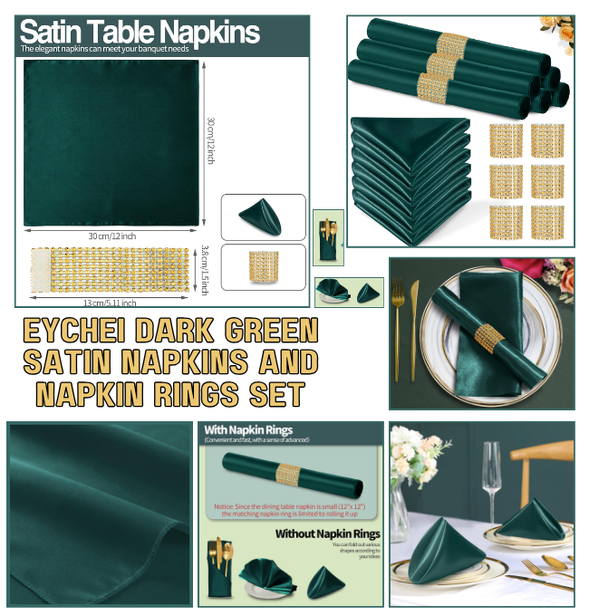 Eychei 100 Pack Dark Green Satin Napkins and Napkin Rings Set, 12 x 12 Inch Silky Soft Cloth Napkins Set of 50, Square Satin Dinner Table Napkins Bulk for Wedding Banquet Graduation Party Decoration