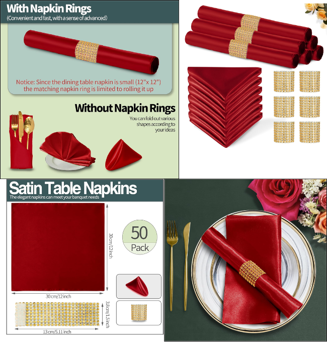 Eychei 100 Pack Red Satin Napkins and Napkin Rings Set,12 x 12 Inch Silky Soft Cloth Napkins Set of 50,Square Satin Dinner Table Napkins Bulk for Wedding Banquet Restaurant Graduation Party Decoration