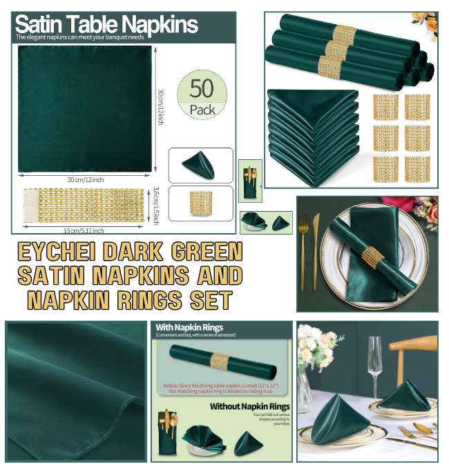 Eychei 100 Pack Dark Green Satin Napkins and Napkin Rings Set, 12 x 12 Inch Silky Soft Cloth Napkins Set of 50, Square Satin Dinner Table Napkins Bulk for Wedding Banquet Graduation Party Decoration