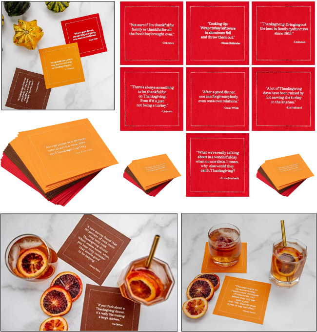 Five Star Napkins Thanksgiving Quotes Napkins – Orange, Brown, & Red – 4.5” x 4.5” – 100% Cotton – 50 x Pack – Single Use Napkins – Party, Events, Holiday