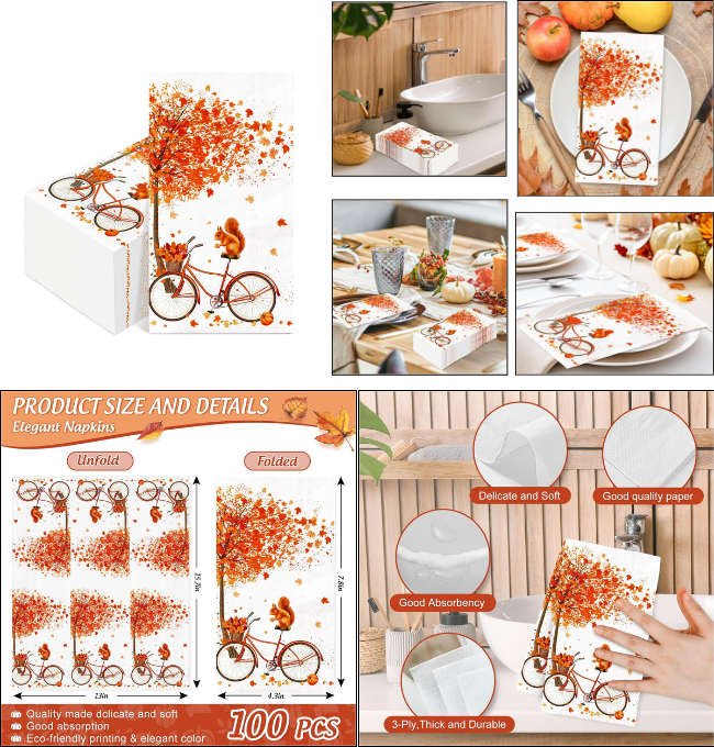 Generic AnyDesign 100Pcs Fall Guest Napkin Autumn Maple Leaf Bicycle Squirrel Disposable Paper Napkin Decorative Dinner Hand Napkin for Thanksgiving Harvest Home Kitchen Bathroom Party Supplies