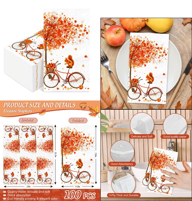 Generic AnyDesign 100Pcs Fall Guest Napkin Autumn Maple Leaf Bicycle Squirrel Disposable Paper Napkin Decorative Dinner Hand Napkin for Thanksgiving Harvest Home Kitchen Bathroom Party Supplies