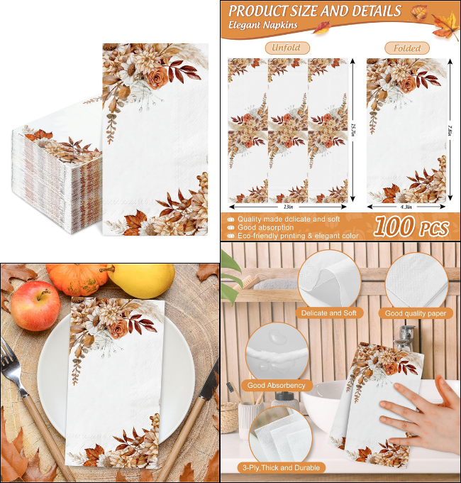 Generic AnyDesign 100Pcs Fall Guest Napkin Boho Floral Disposable Paper Napkin Watercolor Floral Autumn Decorative Dinner Hand Napkin for Thanksgiving Harvest Kitchen Bathroom Party Supplies