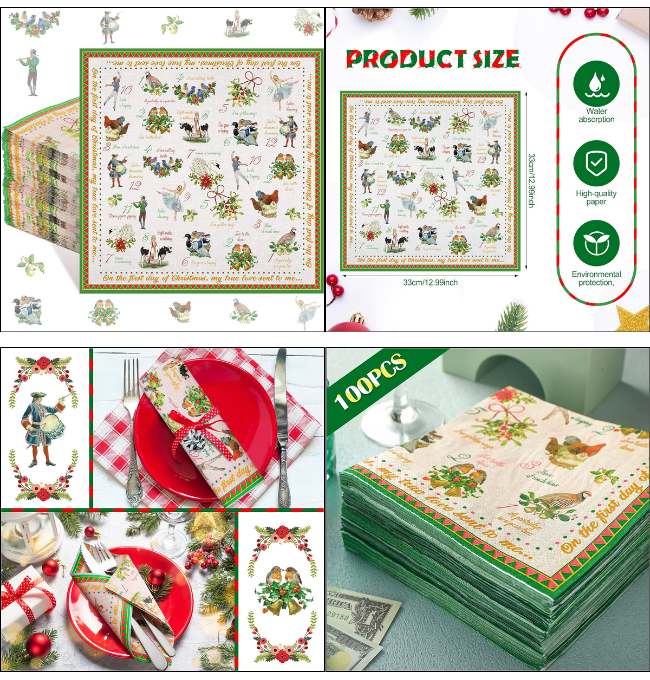 Geyee 100 Pcs 12 Days of Christmas Napkins Holiday Paper Napkins Disposable Guest Funny Towel Cocktail Napkins Dinner Party 2 Ply Xmas Decoupage Napkins Bulk