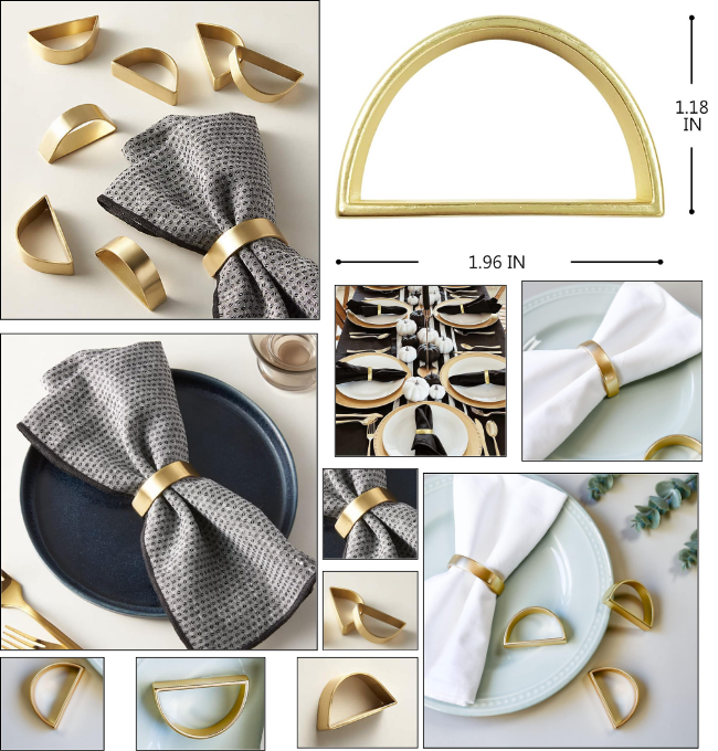 Stainless Steel Golden Napkin Rings Set of 12, Modernist Napkin Ring Holder for Wedding, Banquet, Metallic Adornment for Table Settings, Glossy Serviette Buckles Decor (Matte Gold Semicircle)