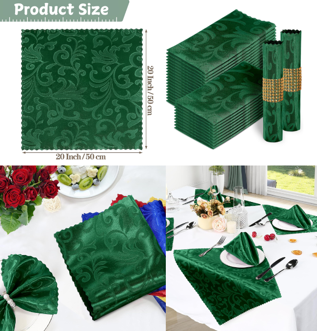 Homiest 50 Pack Jacquard Satin Napkins 20x20 Inches Damask Dinner Napkins Decor, Scalloped Square Napkins Silky Wedding Napkins, Smooth Table Cloth Napkins for Restaurant Banquet Party (Emerald Green)