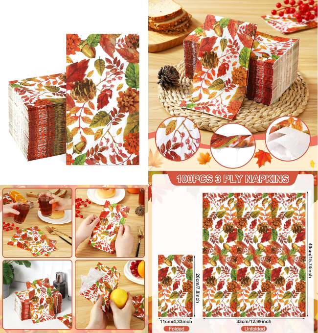 Homlouue 100 PCS Thanksgiving Napkins Disposable, 3-Ply Fall Paper Napkins, Fall Maple Leaves Paper Guest Towels, Autumn Thanksgiving Paper Napkins, Paper Hand Towels For Bathroom Dinner Home Kitchen