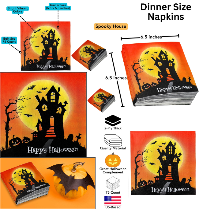 Iconikal 75-Count Halloween Disposable Dinner Paper Party Napkins, Spooky House