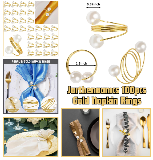 JarThenaAMCS 100Pcs Gold Napkin Rings Pearl Napkin Holder Round Metal Spring Dinner Table Ring Napkin Holder Buckles for Wedding Birthday Table Decoration, 1.6 Inch