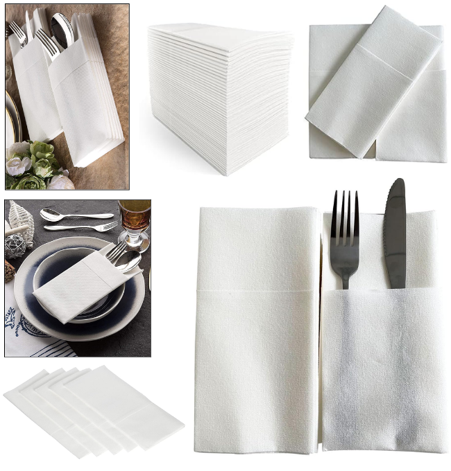 JEBBLAS Disposable Cloth Like Napkins, Built-in Flatware Pocket, Wedding Party Linen Feel White Napkin, Prefolded for Silverware,100 Count